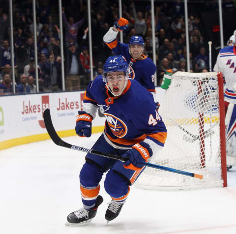 NEW YORK, NEW YORK – FEBRUARY 25: Jean-Gabriel Pageau #44 of the New York Islanders scores at 17:04 of the second period against the New York Rangers at NYCB Live’s Nassau Coliseum on February 25, 2020 in Uniondale, New York. (Photo by Bruce Bennett/Getty Images)