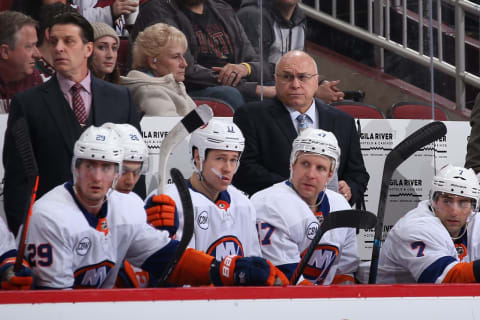 GLENDALE, ARIZONA – DECEMBER 18: Head coach Barry Trotz of the New York Islanders watches from the bench during the third period of the NHL game against the Arizona Coyotes at Gila River Arena on December 18, 2018 in Glendale, Arizona. The Islanders defeated the Coyotes 3-1. (Photo by Christian Petersen/Getty Images)