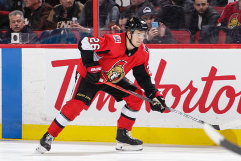 OTTAWA, ON – NOVEMBER 27: Erik Brannstrom #26 of the Ottawa Senators skates in a game against the Boston Bruins at Canadian Tire Centre on November 27, 2019 in Ottawa, Ontario, Canada. (Photo by Jana Chytilova/Freestyle Photography/Getty Images)