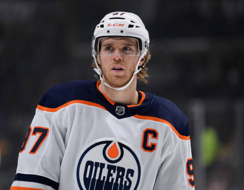 LOS ANGELES, CALIFORNIA – FEBRUARY 23: Connor McDavid #97 of the Edmonton Oilers waits for a faceoff during a 4-2 Oilers win over the Los Angeles Kings at Staples Center on February 23, 2020 in Los Angeles, California. (Photo by Harry How/Getty Images)