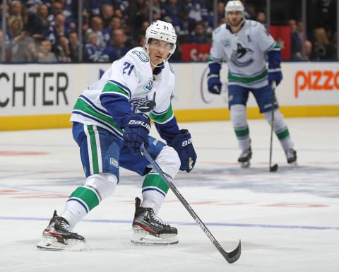 TORONTO, ON – FEBRUARY 29: Loui Eriksson #21 of the Vancouver Canucks skates against the Toronto Maple Leafs during an NHL game at Scotiabank Arena on February 29, 2020 in Toronto, Ontario, Canada. The Maple Leafs defeated the Canucks 4-2. (Photo by Claus Andersen/Getty Images)