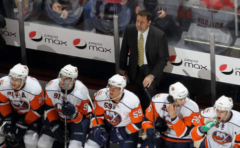 NEWARK, NJ – APRIL 10: Head coach Scott Gordon of the New York Islanders looks on against the New Jersey Devils at the Prudential Center on April 10, 2010 in Newark, New Jersey. (Photo by Jim McIsaac/Getty Images)