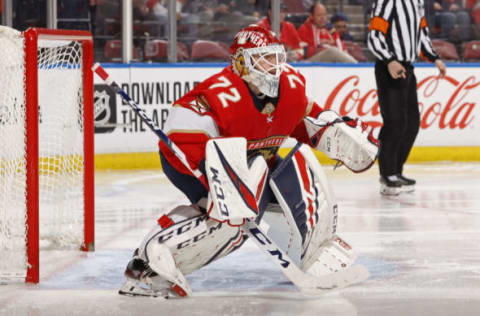 SUNRISE, FL – FEBRUARY 29: Goaltender Sergei Bobrovsky #72 of the Florida Panthers defends the net against the Chicago Blackhawks at the BB&T Center on February 29, 2020 in Sunrise, Florida. The Blackhawks defeated the Panthers 3-2 in the shootout. (Photo by Joel Auerbach/Getty Images)