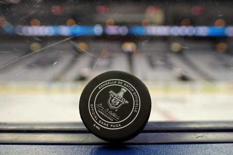 Apr 19, 2018; Columbus, OH, USA; A view of an official game puck with the Stanley Cup logo prior to the Washington Capitals against the Columbus Blue Jackets in game four of the first round of the 2018 Stanley Cup Playoffs at Nationwide Arena. Mandatory Credit: Aaron Doster-USA TODAY Sports