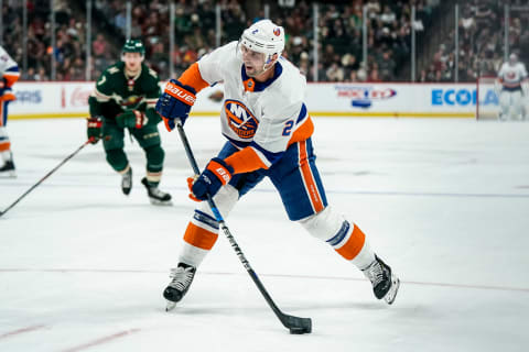 Dec 29, 2019; Saint Paul, Minnesota, USA; New York Islanders defenseman Nick Leddy (2) shoots during the first period against the Minnesota Wild at Xcel Energy Center. Mandatory Credit: Brace Hemmelgarn-USA TODAY Sports