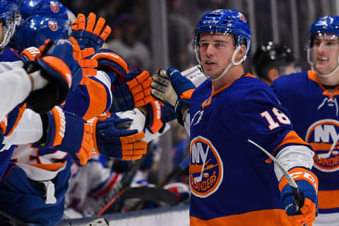 New York Islanders left wing Anthony Beauvillier (18) celebrates with the Islanders bench. (Mandatory Credit: Dennis Schneidler-USA TODAY Sports)