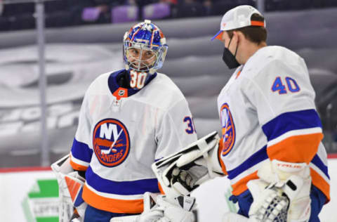 New York Islanders goaltender Ilya Sorokin (30) with goaltender Semyon Varlamov (40). Mandatory Credit: Eric Hartline-USA TODAY Sports