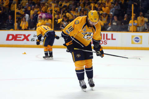 Jun 11, 2017; Nashville, TN, USA; Nashville Predators left wing James Neal (18) and center Mike Fisher (12) react after an empty net goal by Pittsburgh Penguins left wing Carl Hagelin (not pictured) in the third period in game six of the 2017 Stanley Cup Final at Bridgestone Arena. Mandatory Credit: Jerry Lai-USA TODAY Sports