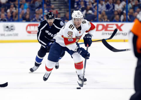 Mar 11, 2017; Tampa, FL, USA; Florida Panthers center Jonathan Marchessault (81) skates with the puck against the Tampa Bay Lightning during the third period at Amalie Arena. Tampa Bay Lightning defeated the Florida Panthers 3-2. Mandatory Credit: Kim Klement-USA TODAY Sports