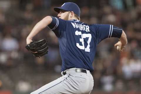 Jun 23, 2015; San Francisco, CA, USA; San Diego Padres relief pitcher Brandon Maurer (37) throws a pitch against the San Francisco Giants during the ninth inning at AT&T Park. The San Diego Padres defeated the San Francisco Giants 3-2. Mandatory Credit: Ed Szczepanski-USA TODAY Sports