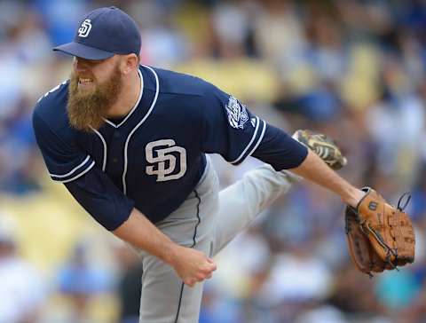 Oct 4, 2015; Los Angeles, CA, USA; San Diego Padres relief pitcher Kevin Quackenbush (59) in the seventh inning of the game against the Los Angeles Dodgers at Dodger Stadium. The Dodgers won 6-3. Mandatory Credit: Jayne Kamin-Oncea-USA TODAY Sports