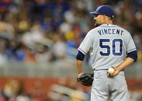 Apr 5, 2014; Miami, FL, USA; San Diego Padres relief pitcher Nick Vincent (50) holds the baseball on the pitching mound during a game against the Miami Marlins at Marlins Ballpark. Mandatory Credit: Steve Mitchell-USA TODAY Sports