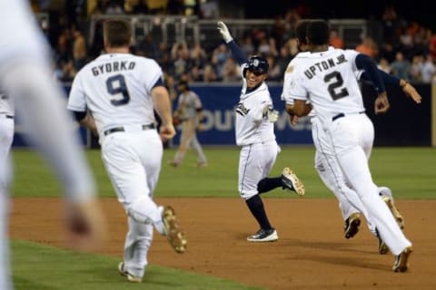 Sep 24, 2015; San Diego, CA, USA; San Diego Padres shortstop Alexi Amarista (center) is chased by teammates after hitting a walk off RBI single against the San Francisco Giants to win 5-4 at Petco Park. Mandatory Credit: Jake Roth-USA TODAY Sports