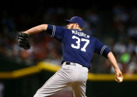 May 8, 2015; Phoenix, AZ, USA; San Diego Padres pitcher Brandon Maurer against the Arizona Diamondbacks at Chase Field. The Padres defeated the Diamondbacks 6-5. Mandatory Credit: Mark J. Rebilas-USA TODAY Sports