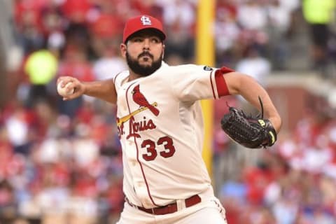 Oct 10, 2015; St. Louis, MO, USA; St. Louis Cardinals relief pitcher Carlos Villanueva (33) delivers a pitch during the fourth inning in game two of the NLDS against the Chicago Cubs at Busch Stadium. Mandatory Credit: Jasen Vinlove-USA TODAY Sports