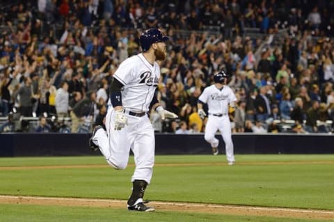 May 29, 2015; San Diego, CA, USA; San Diego Padres catcher Derek Norris (3) watches his walk-off grand slam against the Pittsburgh Pirates during the ninth inning at Petco Park. Mandatory Credit: Jake Roth-USA TODAY Sports