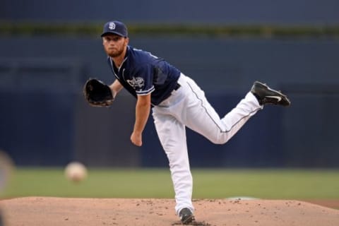 Sep 26, 2015; San Diego, CA, USA; San Diego Padres starting pitcher Robbie Erlin (41) pitches against the Arizona Diamondbacks during the first inning at Petco Park. Mandatory Credit: Jake Roth-USA TODAY Sports