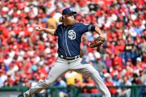 Apr 11, 2016; Philadelphia, PA, USA; San Diego Padres starting pitcher Andrew Cashner (34) throws a pitch during the first inning against the Philadelphia Phillies at Citizens Bank Park. Mandatory Credit: Eric Hartline-USA TODAY Sports