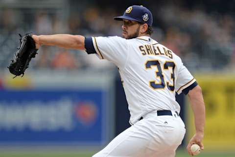 May 19, 2016; San Diego, CA, USA; San Diego Padres starting pitcher James Shields (33) pitches during the first inning against the San Francisco Giants at Petco Park. Mandatory Credit: Jake Roth-USA TODAY Sports