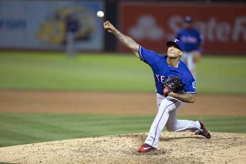 May 17, 2016; Oakland, CA, USA; Texas Rangers relief pitcher Matt Bush (51) delivers a pitch against the Oakland Athletics during the eighth inning at The Coliseum. The Oakland Athletics defeat the Texas Rangers 8 to 5. Mandatory Credit: Neville E. Guard-USA TODAY Sports