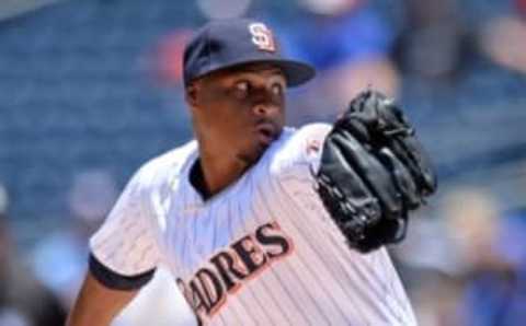 Jun 15, 2016; San Diego, CA, USA; San Diego Padres pitcher Luis Perdomo (61) pitches against the Miami Marlins during the first inning at Petco Park. Mandatory Credit: Jake Roth-USA TODAY Sports