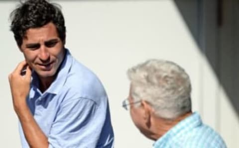 Apr 11, 2015; San Diego, CA, USA; San Diego Padres general manager A.J. Preller (left) talks with vice president of scouting operations Don Welke in the dugout before the game against the San Francisco Giants at Petco Park. Mandatory Credit: Jake Roth-USA TODAY Sports