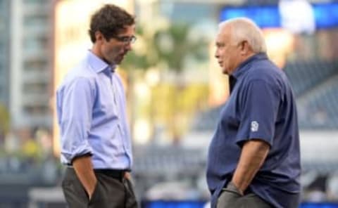 Apr 28, 2015; San Diego, CA, USA; San Diego Padres general manager A.J. Preller (left) and ceo Ron Rowler talk before the game against the Houston Astros at Petco Park. Mandatory Credit: Jake Roth-USA TODAY Sports