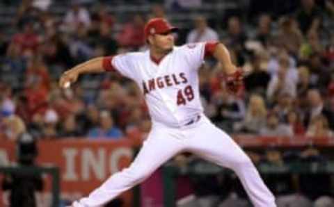 Sep 14, 2016; Anaheim, CA, USA; Los Angeles Angels of Anaheim pitcher Jhoulys Chacin (49) delivers a pitch against the Seattle Mariners during a MLB game at Angel Stadium of Anaheim. Mandatory Credit: Kirby Lee-USA TODAY Sports