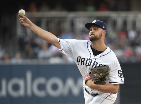 SAN DIEGO, CA – AUGUST 11: Walker Lockett #62 of the San Diego Padres pitches during the first inning of a baseball game against the Philadelphia Phillies at PETCO Park on August 11, 2018 in San Diego, California. (Photo by Denis Poroy/Getty Images)