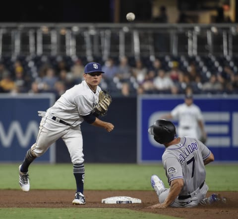 SAN DIEGO, CA – AUGUST 30: Luis Urias #9 of the San Diego Padres throws over Matt Holliday #7 of the Colorado Rockies but didn’t get the double play at first base in the sixth inning of a baseball game at PETCO Park on August 30, 2018 in San Diego, California. Trevor Story scored on the play. (Photo by Denis Poroy/Getty Images)