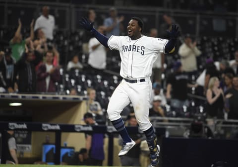 SAN DIEGO, CA – AUGUST 30: Franmil Reyes #32 of the San Diego Padres celebrates after hitting a walk off home run during the 13th inning of a baseball game against the Colorado Rockies at PETCO Park on August 30, 2018 in San Diego, California. (Photo by Denis Poroy/Getty Images)