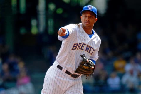 MILWAUKEE, WI – SEPTEMBER 09: Jonathan Schoop #5 of the Milwaukee Brewers gestures after completing a double play to end the fourth inning against the San Francisco Giants at Miller Park on September 9, 2018 in Milwaukee, Wisconsin. (Photo by Jon Durr/Getty Images)