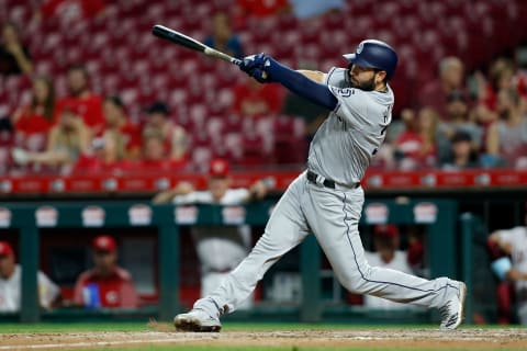 CINCINNATI, OH – SEPTEMBER 7: Eric Hosmer #30 of the San Diego Padres takes an at bat during the game against the Cincinnati Reds at Great American Ball Park on September 7, 2018 in Cincinnati, Ohio. (Photo by Kirk Irwin/Getty Images)