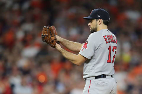 HOUSTON, TX – OCTOBER 18: Nathan Eovaldi #17 of the Boston Red Sox pitches in the eighth inning against the Houston Astros during Game Five of the American League Championship Series at Minute Maid Park on October 18, 2018 in Houston, Texas. (Photo by Elsa/Getty Images)