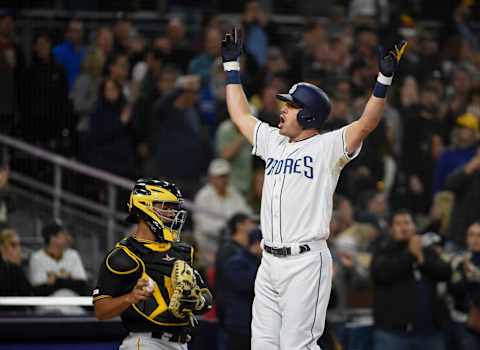 SAN DIEGO, CA – MAY 16: Ian  Kinsler #3 of the San Diego Padres celebrates after hitting a three-run home run during the sixth inning of a baseball game against the Pittsburgh Pirates at Petco Park May 16, 2019 in San Diego, California. (Photo by Denis Poroy/Getty Images)