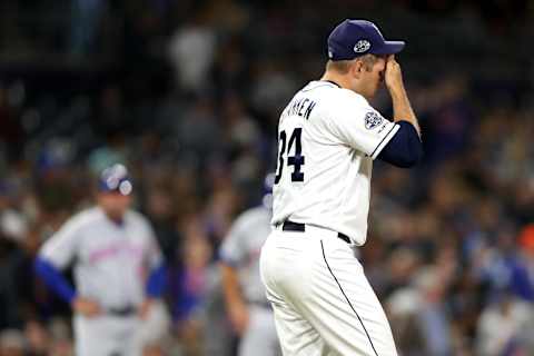 SAN DIEGO, CALIFORNIA – MAY 07: Craig Stammen #34 of the San Diego Padres looks on after allowing sacrifice fly hit by Michael Conforto #30 that scored Pete Alonso #20 of the New York Mets during the seventh inning of a game at PETCO Park on May 07, 2019 in San Diego, California. (Photo by Sean M. Haffey/Getty Images)