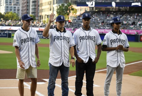 SAN DIEGO, CA – JUNE 8: San Diego Padres draft picks, from left, Matt Brash, Logan Driscoll, Joshua Mears and C.J Abrams, stand at home plate before a baseball game between the San Diego Padres and the Washington Nationals at Petco Park June 8, 2019 in San Diego, California. (Photo by Denis Poroy/Getty Images)