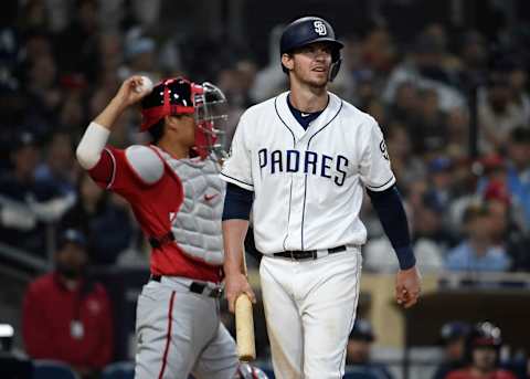 SAN DIEGO, CA – JUNE 8: Wil Myers #4 of the San Diego Padres walks away after striking out during the eighth inning of a baseball game against the Washington Nationals at Petco Park June 8, 2019 in San Diego, California. (Photo by Denis Poroy/Getty Images)