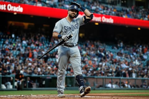 SAN FRANCISCO, CA – JUNE 12: Austin Hedges #18 of the San Diego Padres reacts after striking out during the second inning against the San Francisco Giants at Oracle Park on June 12, 2019 in San Francisco, California. (Photo by Jason O. Watson/Getty Images)