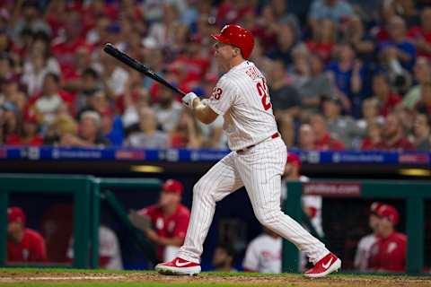 PHILADELPHIA, PA – JUNE 24: Jay  Bruce #23 of the Philadelphia Phillies hits a pinch-hit two run home run in the bottom of the sixth inning against the New York Mets at Citizens Bank Park on June 24, 2019 in Philadelphia, Pennsylvania. The Phillies defeated the Mets 13-7. (Photo by Mitchell Leff/Getty Images)