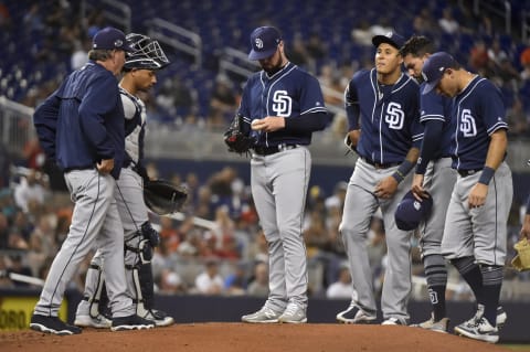 MIAMI, FL – JULY 16: Pitching Coach Darren Balsley #36 of the San Diego Padres comes out to talk to pitcher Logan Allen #54 during the second inning against the Miami Marlins at Marlins Park on July 16, 2019 in Miami, Florida. (Photo by Eric Espada/Getty Images)