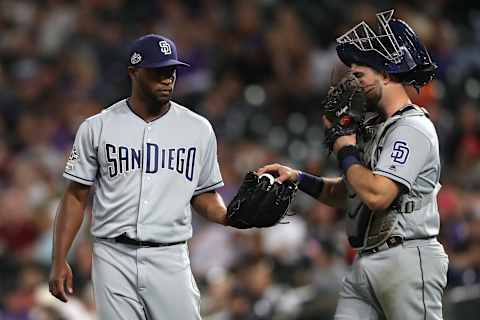 Pitcher Miguel Diaz #47 of the San Diego Padres. (Photo by Matthew Stockman/Getty Images)