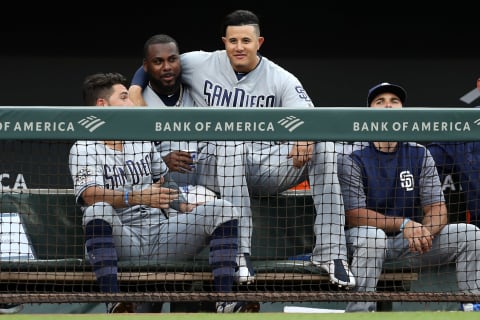 BALTIMORE, MARYLAND – JUNE 25: Manny Machado #13 of the San Diego Padres looks on from the dugout against the Baltimore Orioles during the second inning at Oriole Park at Camden Yards on June 25, 2019 in Baltimore, Maryland. (Photo by Patrick Smith/Getty Images)