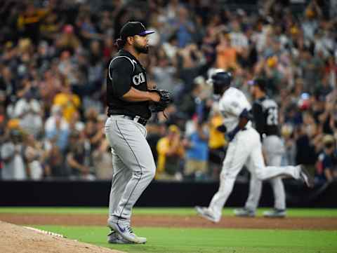 SAN DIEGO, CA – AUGUST 10: Jairo Diaz #37 of the Colorado Rockies looks to the outfield after giving up a two-run home to Manuel Margot #7 of the San Diego Padres during the eighth inning of a baseball game at Petco Park August 10, 2019 in San Diego, California. (Photo by Denis Poroy/Getty Images)