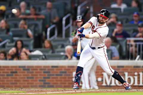 ATLANTA, GA – AUGUST 14: Ender  Inciarte #11 singles to center field scoring Josh  Donaldson of the Atlanta Braves in the seventh inning against the New York Mets at SunTrust Park on August 14, 2019 in Atlanta, Georgia. (Photo by Carmen Mandato/Getty Images)