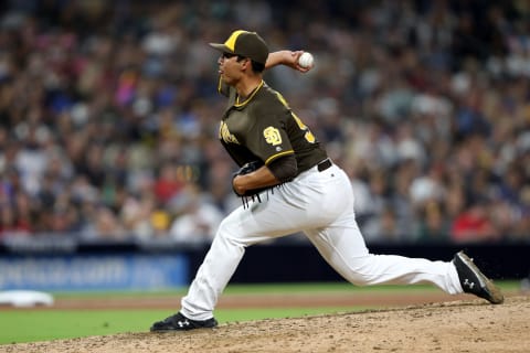 SAN DIEGO, CALIFORNIA – JULY 12: Andres Munoz #54 of the San Diego Padres pitches during the sixth inning of a game against the Atlanta Braves at PETCO Park on July 12, 2019 in San Diego, California. (Photo by Sean M. Haffey/Getty Images)