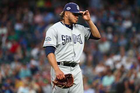 SEATTLE, WASHINGTON – AUGUST 06: Dinelson Lamet #29 of the San Diego Padres walks back to the dugout after completing the fifth inning against the Seattle Mariners during their game at T-Mobile Park on August 06, 2019 in Seattle, Washington. (Photo by Abbie Parr/Getty Images)