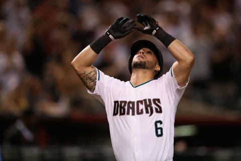 PHOENIX, ARIZONA – AUGUST 06: David  Peralta #6 of the Arizona Diamondbacks celebrates after hitting a two-run home run against the Philadelphia Phillies during the seventh inning of the MLB game at Chase Field on August 06, 2019 in Phoenix, Arizona. (Photo by Christian Petersen/Getty Images)