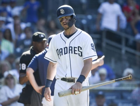 SAN DIEGO, CA – SEPTEMBER 12: Wil  Myers #4 of the San Diego Padres walks to the dugout after being ejected from the game during the ninth inning of a baseball game against Chicago Cubs at Petco Park September 12, 2019 in San Diego, California. (Photo by Denis Poroy/Getty Images)