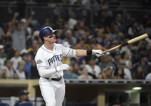 SAN DIEGO, CA – SEPTEMBER 21: Hunter  Renfroe #10 of the San Diego Padres hits a solo home run during the the fifth inning of a baseball game against the Arizona Diamondbacks at Petco Park September 21, 2019 in San Diego, California. (Photo by Denis Poroy/Getty Images)